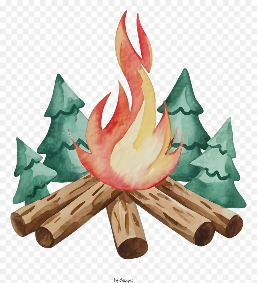 cartoon watercolor painting campfire trees firewood