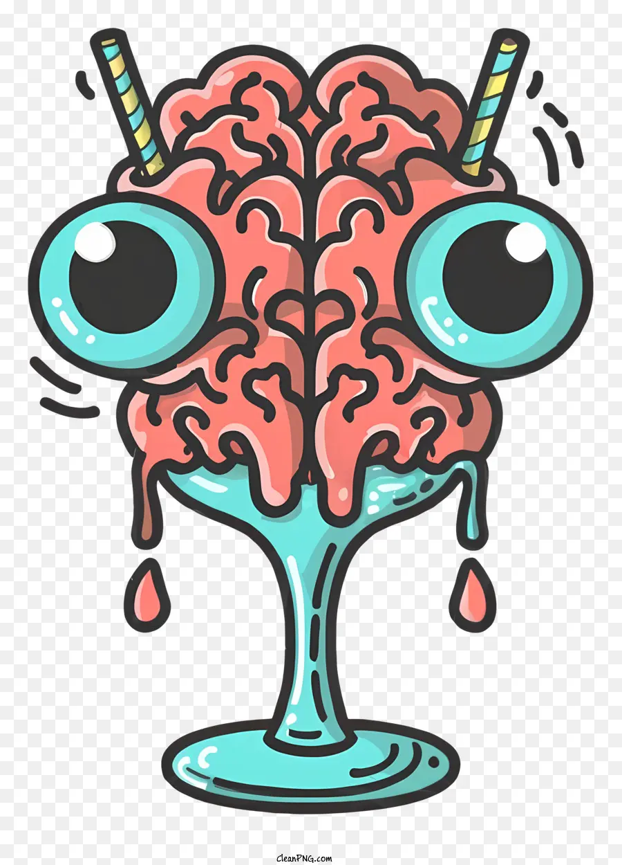 cartoon cervello - Cervello colorato con cannucce, bevendo in vetro