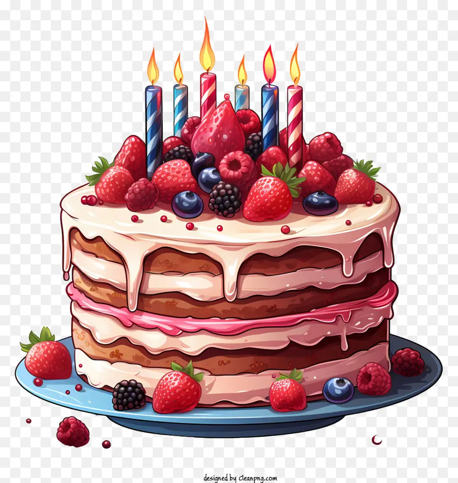 Geburtstagskuchen - Dekadenter Schokoladenkuchen mit frischen Beeren und Kerzen