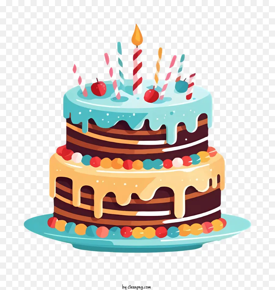 Geburtstagskuchen - Buntes Kuchen mit zündigen Kerzen und Dekorationen