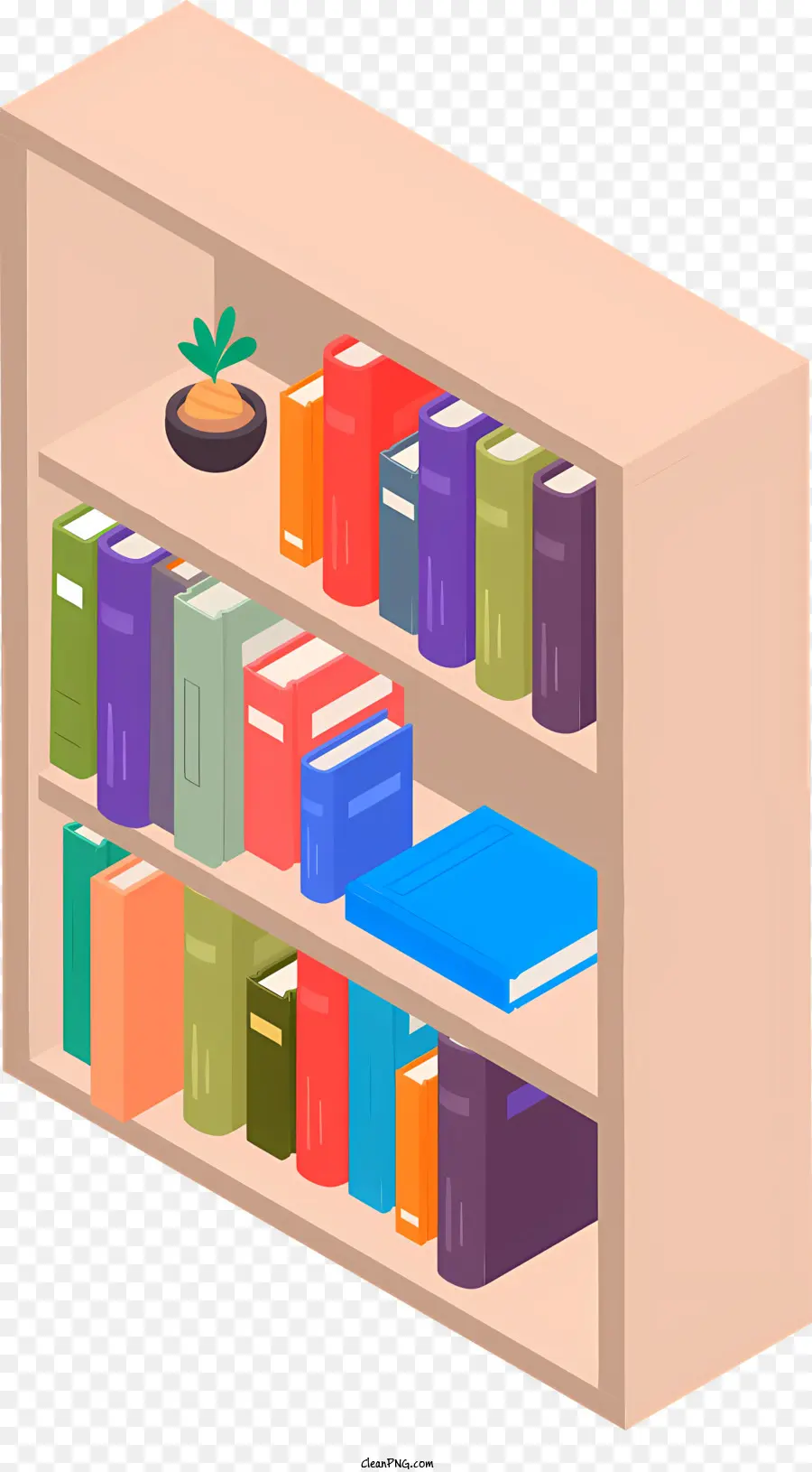 Icon Bücherregalbücher Farben Größen - Buntes Bücherregal mit Pflanzen, karikaturisch und abwechslungsreich