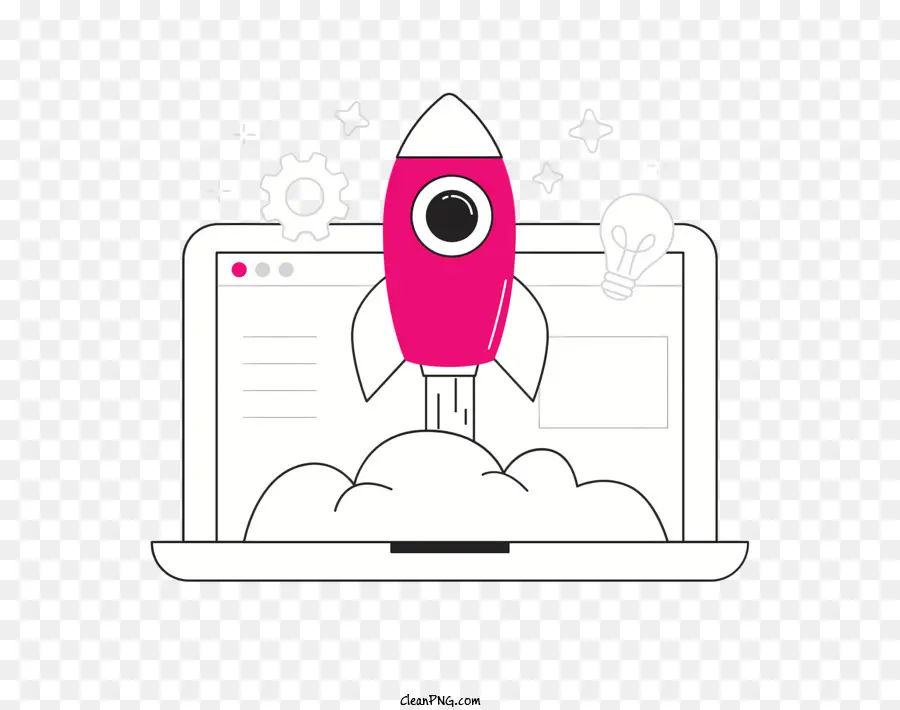 icon rocket ship laptop screen clouds pink