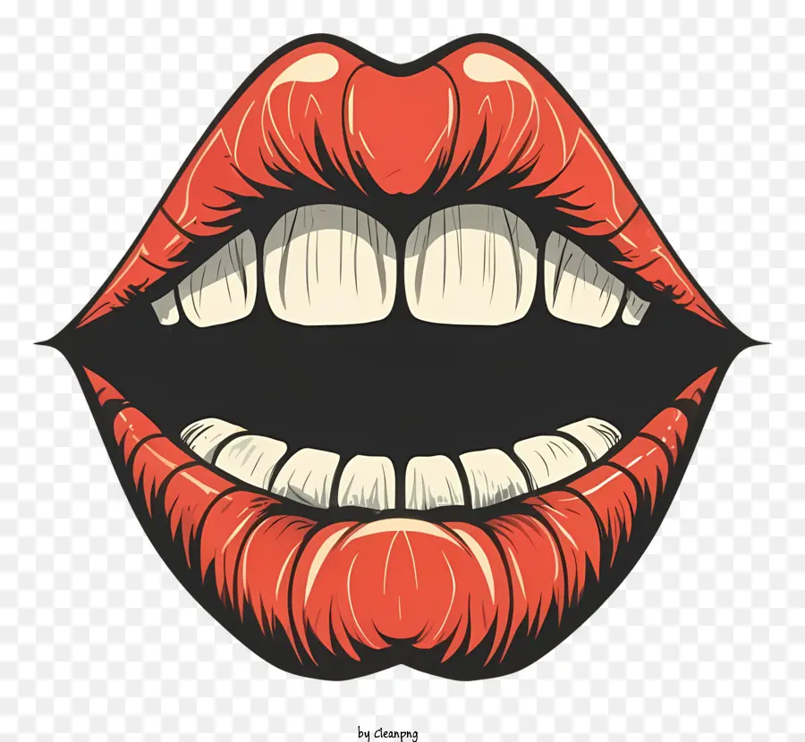bocca della donna di cartoni animati labbra rosse brillanti - Primo piano della bocca della donna stilizzata con labbra rosse