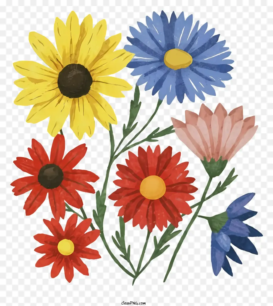 cartoon flowers brightly colored black background yellow flowers