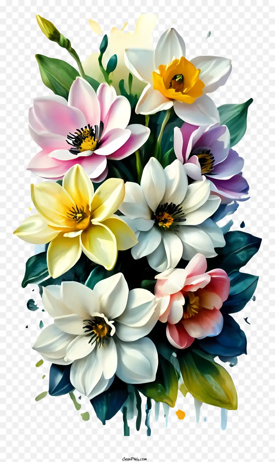 Cartoonmalerei Bouquet Bunte Blumen schwarzer Hintergrund - Buntes Blumenstrauß auf schwarzem Hintergrund