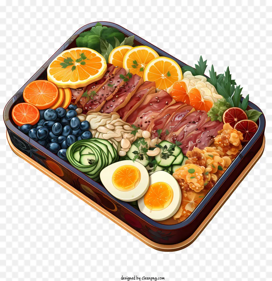 Bento hộp thực phẩm khay rán trứng cứng cà rốt - Khay thực phẩm với nhiều mặt hàng khác nhau được sắp xếp một cách nghệ thuật