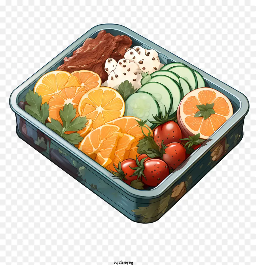 bento box fruits vegetables tray oranges