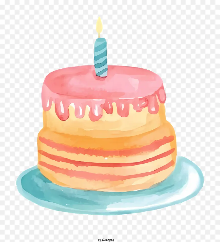 Geburtstagskuchen - Buntes Kuchen mit Kerze, Konfetti auf weißem Teller