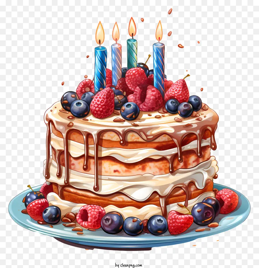 Geburtstagskuchen - Köstliche Geburtstagstorte mit blauen Kerzen und Obst