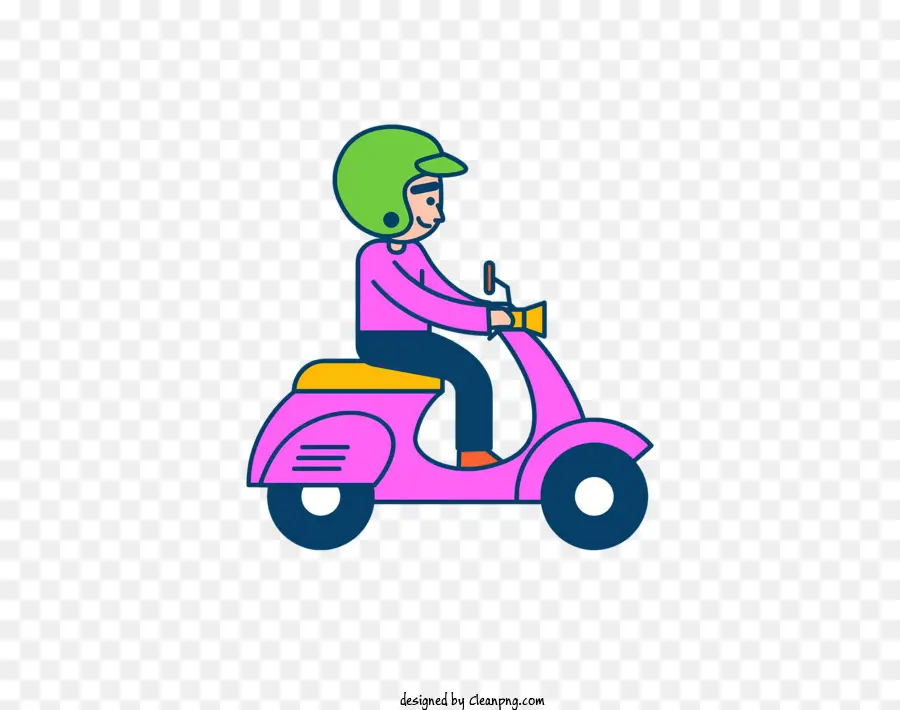 Handy - Person auf Scooter mit rosa Helm und grüner Overall, das Handy hält
