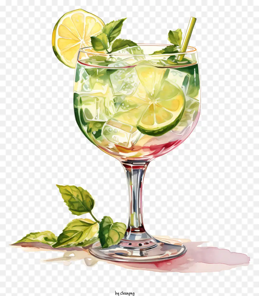 foglia di menta - Bicchiere da cocktail con lime, menta e paglia