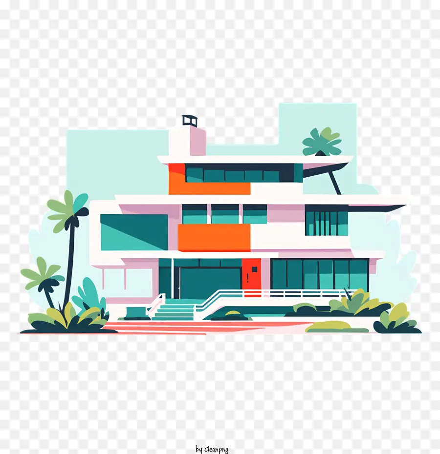 Palmen - Modernistisches Haus mit gekrümmte Fassade, tropische Umgebung
