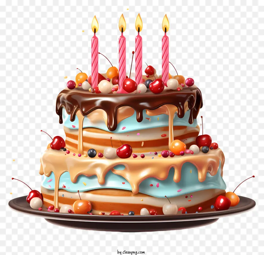 Geburtstagskuchen - Schokoladenkuchen mit Kerzen, Früchten und Schokoladenbäumen