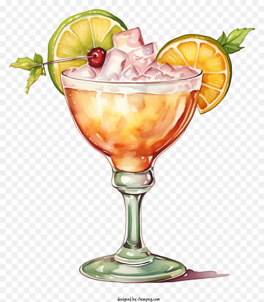 cocktail bevanda rossa in vetro contorno di lime fetta di ciliegia. - Bevanda fruttata rossa con lime, ciliegia e arancione