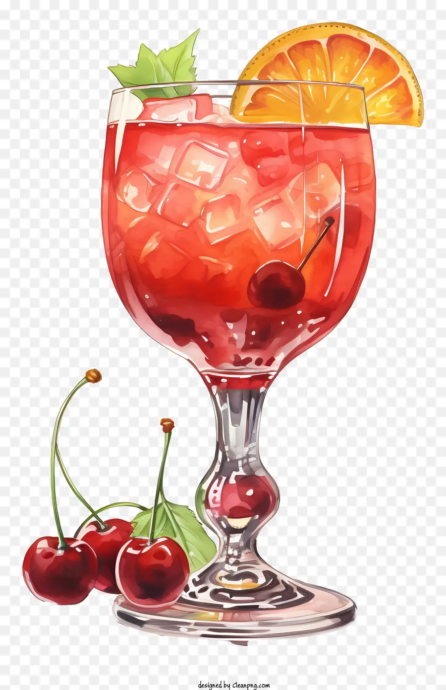 Cocktail rotes Getränk Wein Cocktail Rotwein Grenadinesirup - Roter Getränk mit orangefarbenem Rand und Kirschen