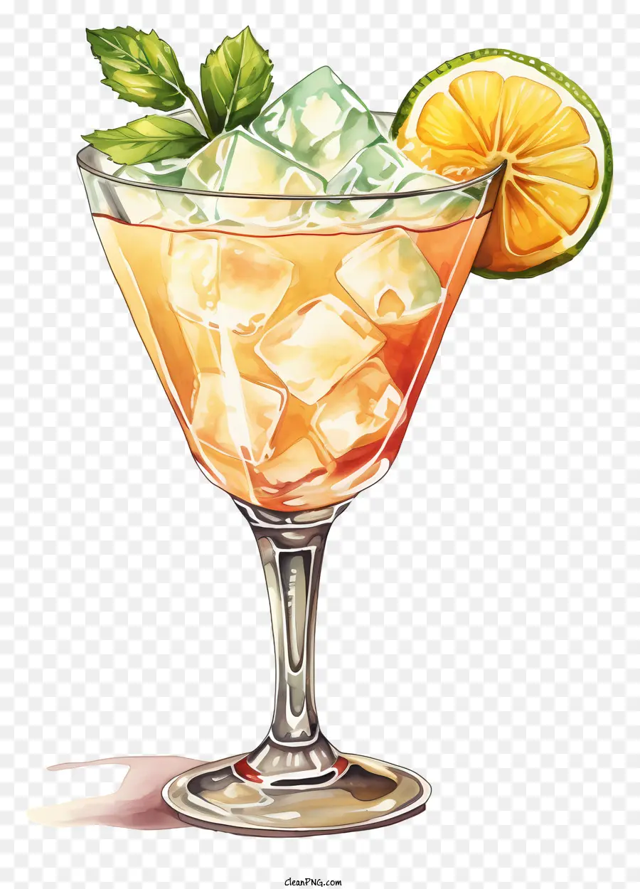 lá bạc hà - Bức tranh màu nước của cocktail trái cây trong ly