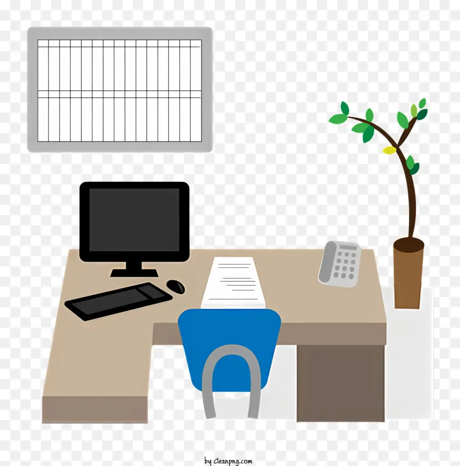 Cartoon Desk Setup Office Organization Home Office Dekor natürliche Beleuchtung - Minimalistischer Schreibtisch mit Computer, Kalender und Pflanzen