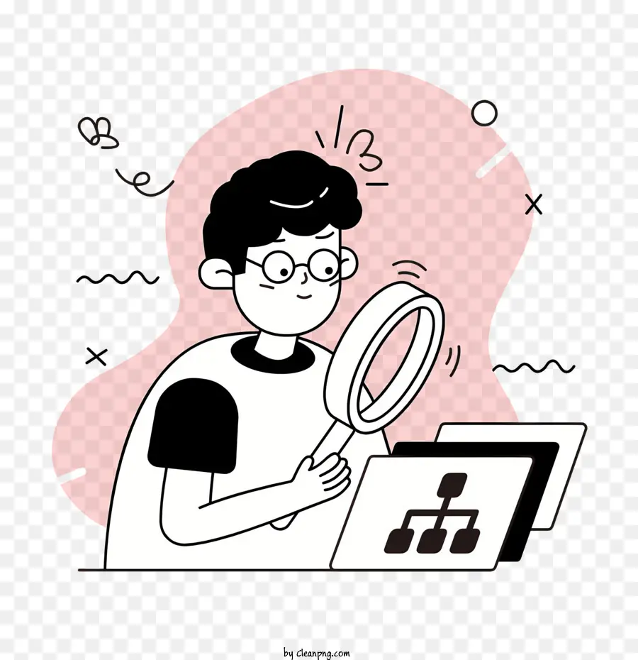 Lupe - Person mit Lupenglas, die den Computer betrachtet
