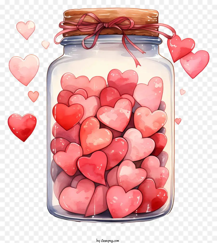 Valentinstag - Glasglas mit Herzbonbons gefüllt, mit einem Band verpackt