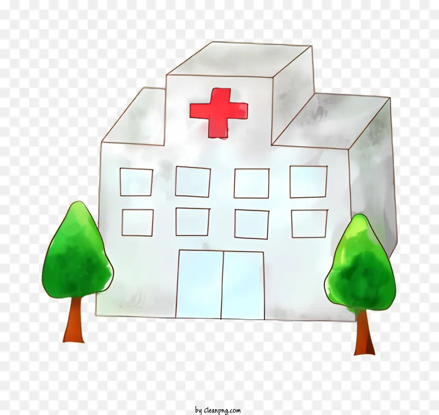 Cartoon Hospital White Building Roter Kreuz unterschreibt Wohnviertel - Weißes Krankenhausgebäude mit Schild Roter Kreuz