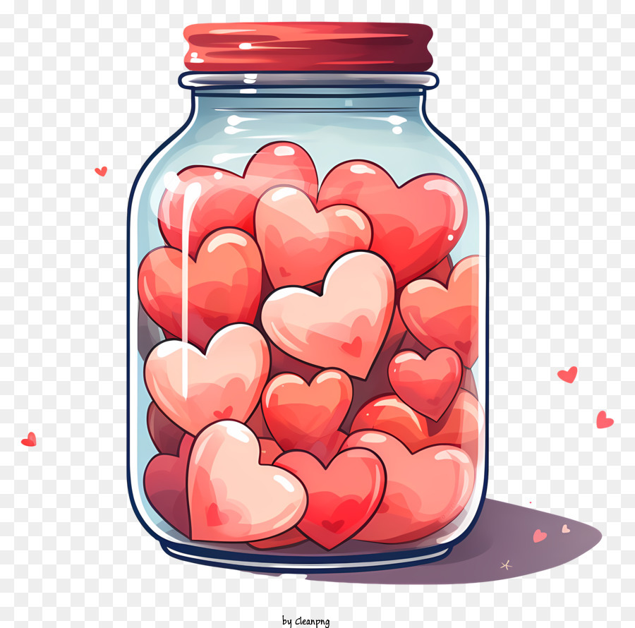 Valentinstag - Rote herzförmige Süßigkeiten im Glas mit verstreuten Herzen