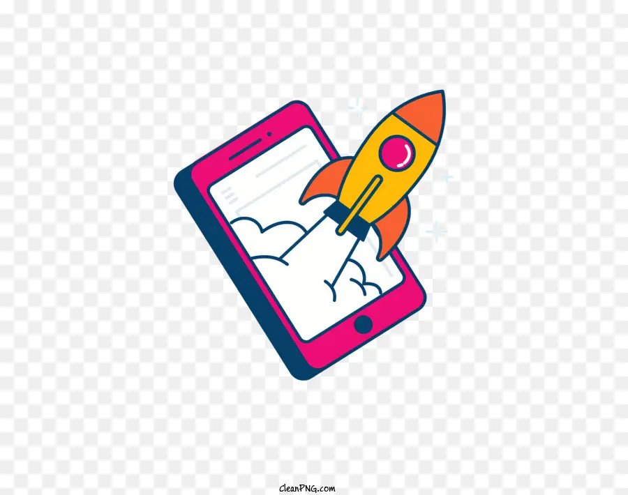 Phim hoạt hình Ra mắt không gian Khám phá Không gian Thanh tra Nghệ thuật Drawn Màu sắc rực rỡ - Rocket ra mắt từ màn hình điện thoại di động tượng trưng cho việc ra mắt không gian