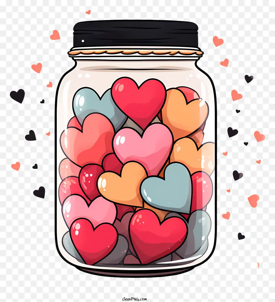 Masonglas mit Herzglas farbenfrohe Herzen transparentes Glas schwarzer Hintergrund - Bunte Herzen schweben im transparenten Glasglas