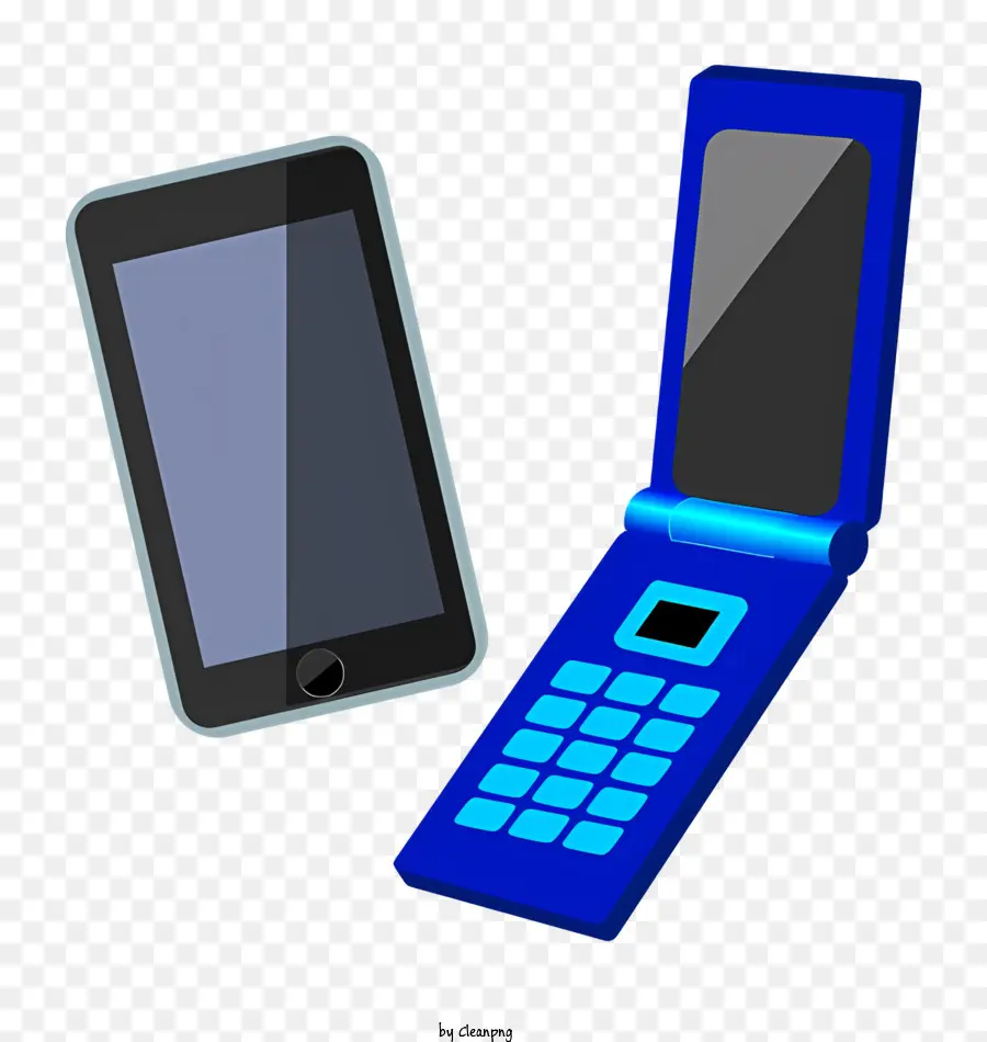 cartoon blue flip phone black background open phone black screen