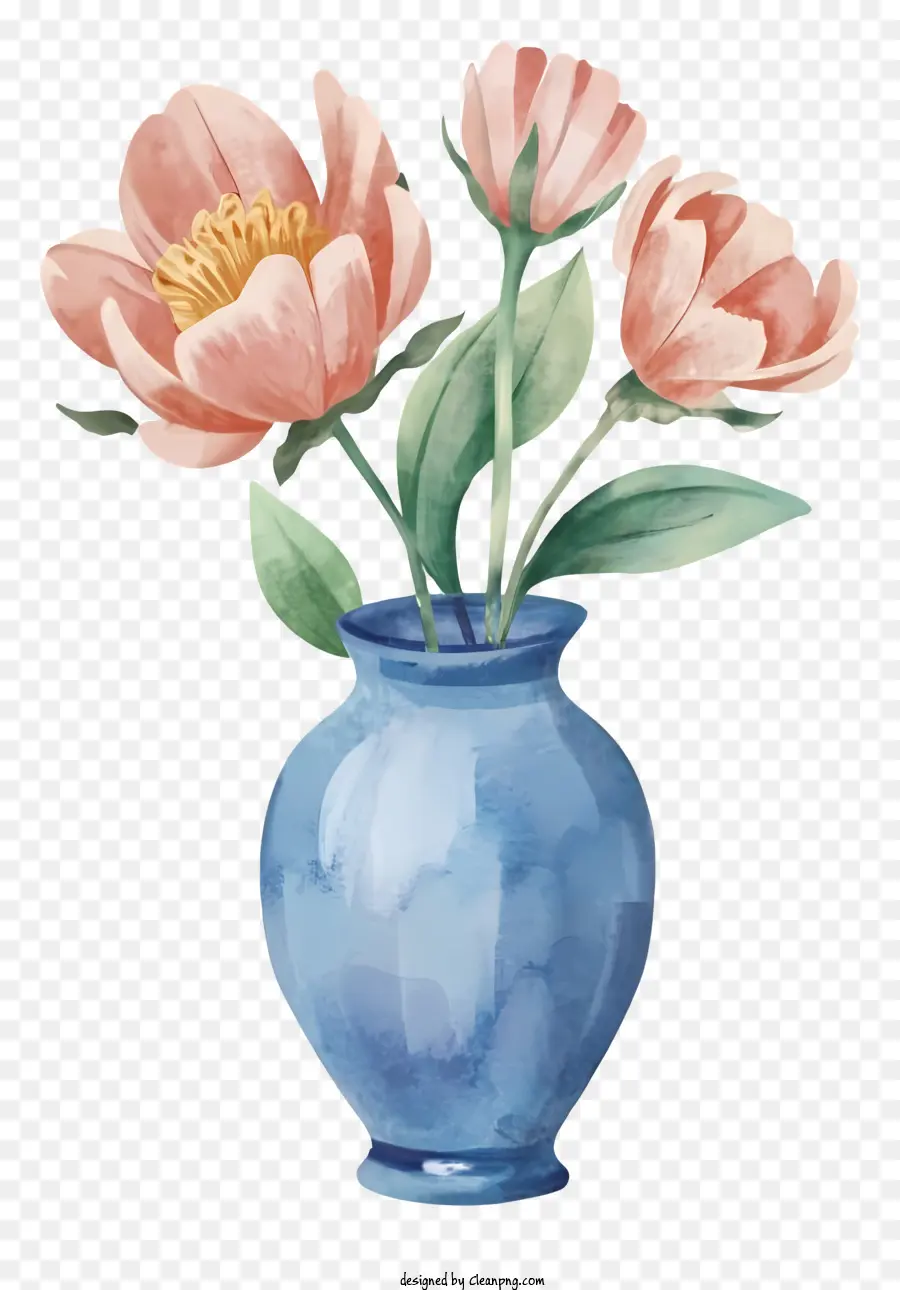 cartoon blue vase pink flowers watercolor painting round vase