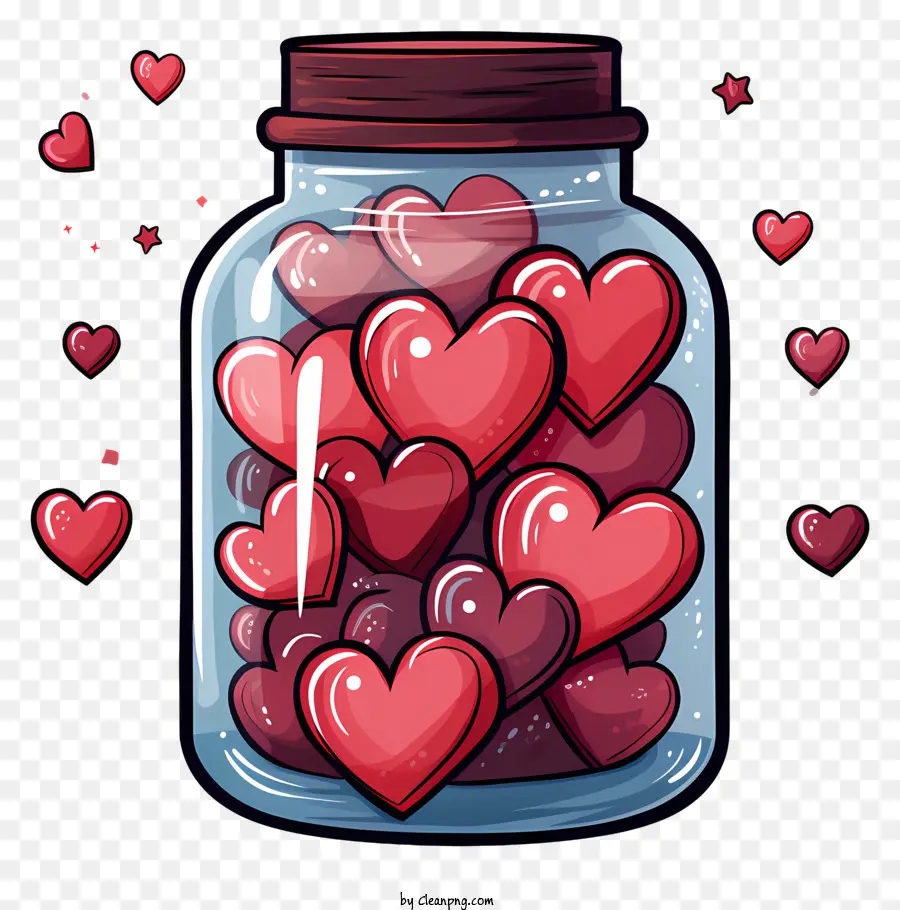 Masonglas mit Herzglasherzen Rot und rosa schwimmende Herzen - Cartoonherzen im Glas, verspielt und freudig