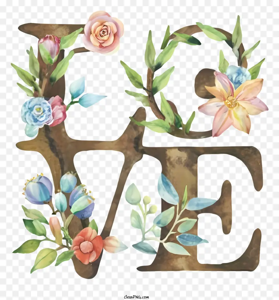 Cartoon love Letter Painting Letter Flower Chart Typography Flower Composition in Art - Pittura realistica e ad acquerello della lettera d'amore con fiori