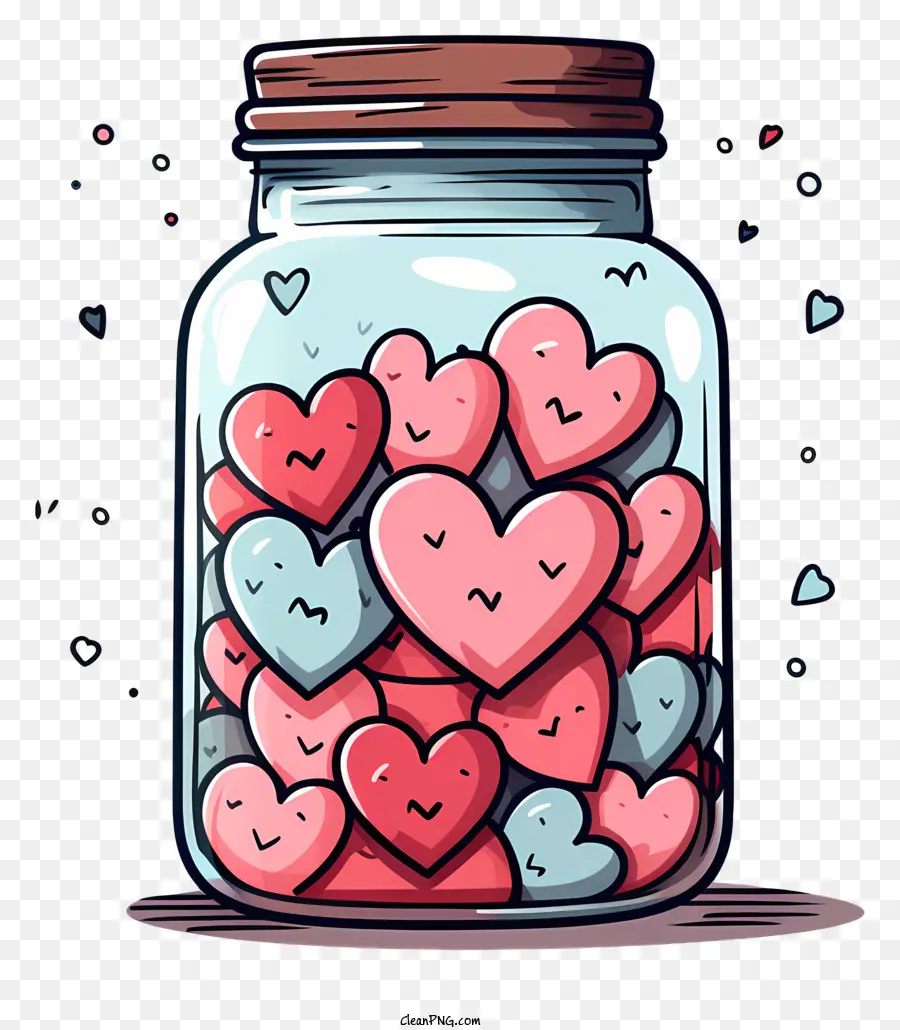 Ngày Valentine - Bình mason hoạt hình với kẹo trái tim tràn ra