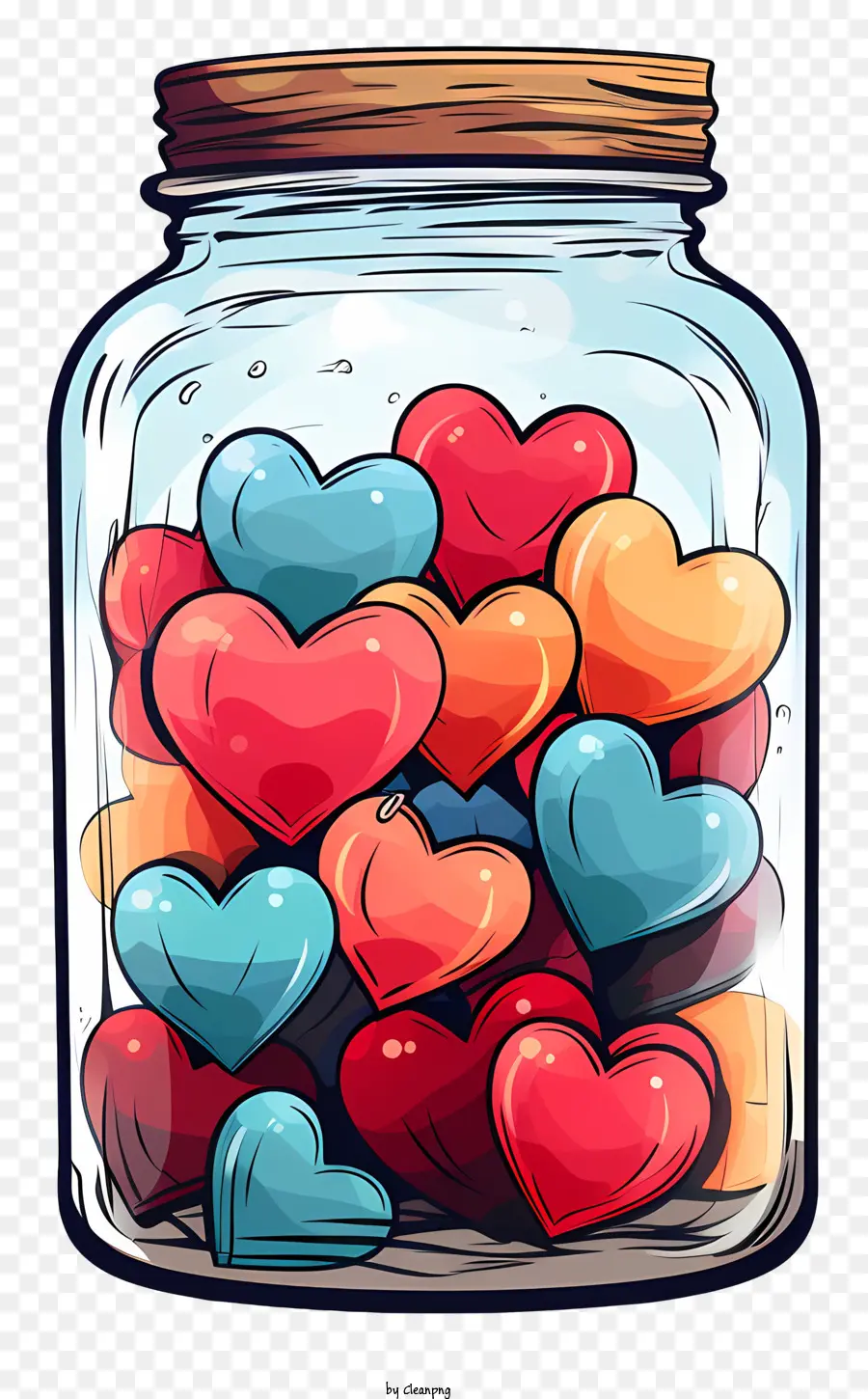 Masonglas mit Herzglas farbenfrohe Herzen klare flüssige schwimmende Herzen - Bunte Herzen schweben in klarem Glas mit flüssigem Glas