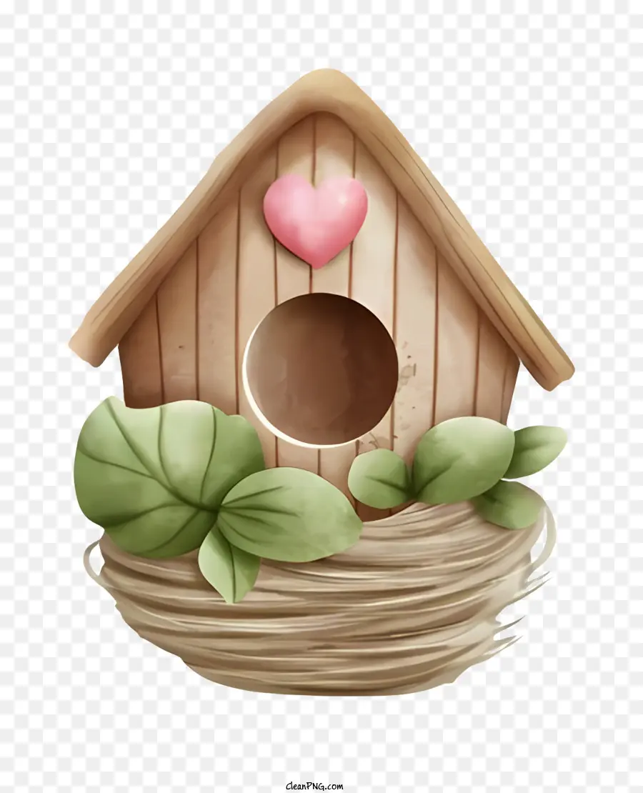 icon wooden birdhouse heart-shaped opening green leaves red bird