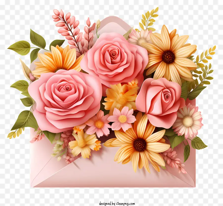 bó hoa - Phong bì màu hồng với bó hoa đầy màu sắc