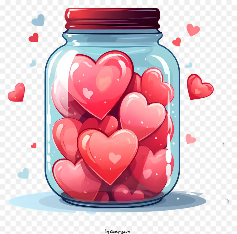 Mason Jar Red Hearts Jar of Hearts Glas Glas transparentes Glas - Rote Herzen, die mit einem schwarzen Hintergrund in Glas verstreut sind