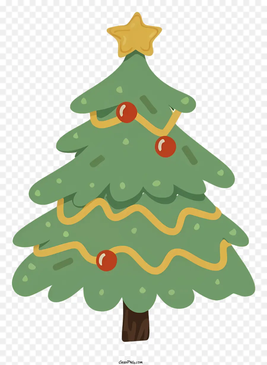 Weihnachtsbaum - Grüner Weihnachtsbaum mit Stern, roter Ball, Goldverzierung auf schwarzem Hintergrund