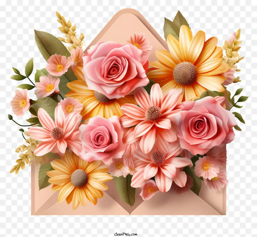 rosa Rosen - Heller, farbenfroher Bouquet im Umschlag auf dunklem Hintergrund