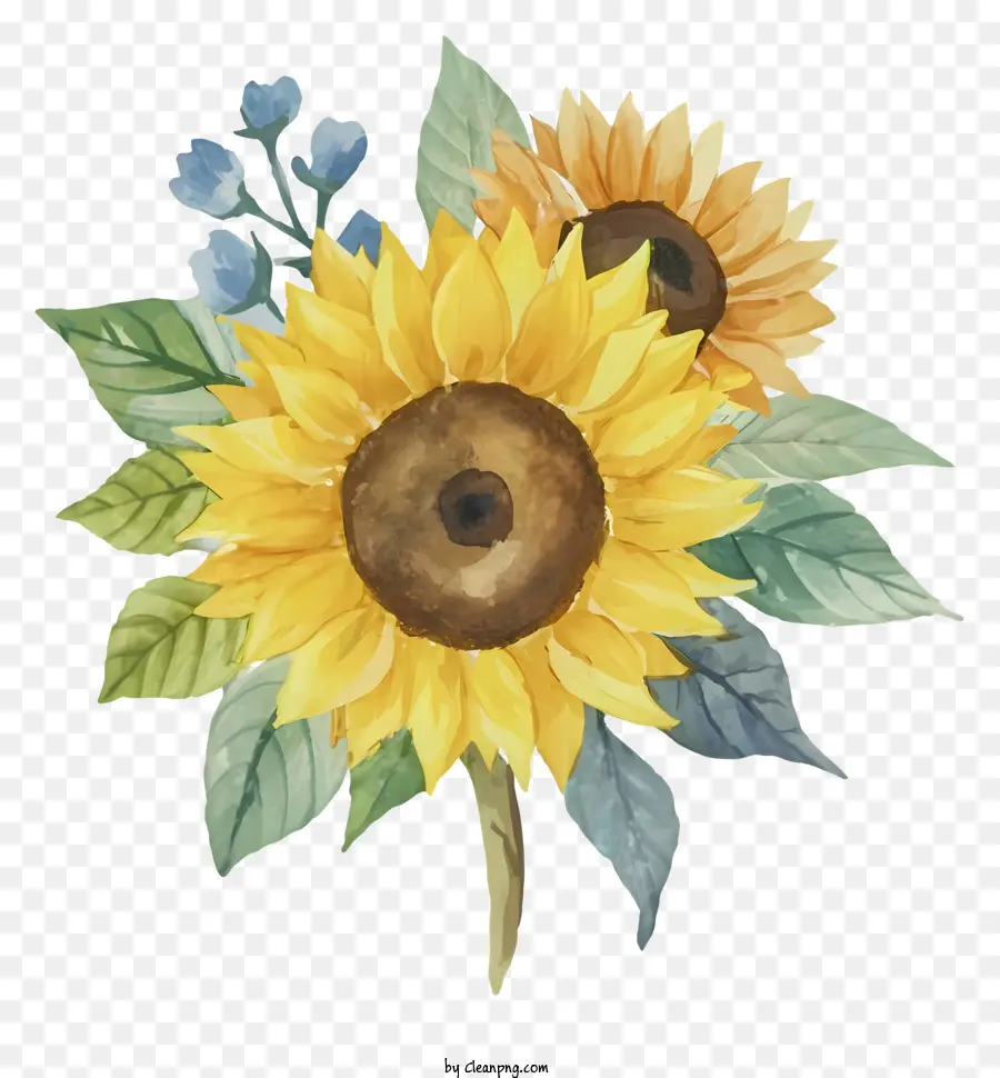 cartoon sunflowers bouquet yellow and brown petals green leaves