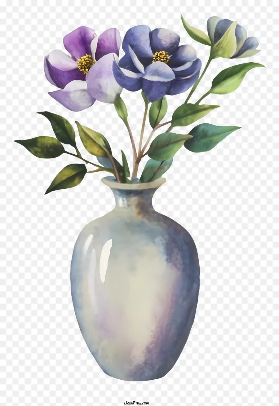 Tranh màu nước hoạt hình Bình hoa màu trắng hoa màu tím - Bức tranh màu nước đơn sắc của bình hoa màu xanh, hoa