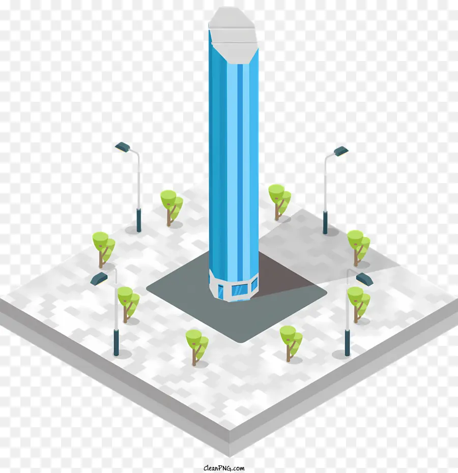 Icon Blue Tower Urban Tower Office Tower Monument Tower - Hoher blauer Turm in städtischer Umgebung mit Bäumen