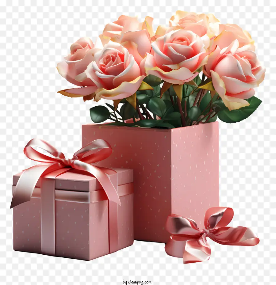 Geschenkbox - Rosa Rosen in Geschenkbox mit Bogen angeordnet