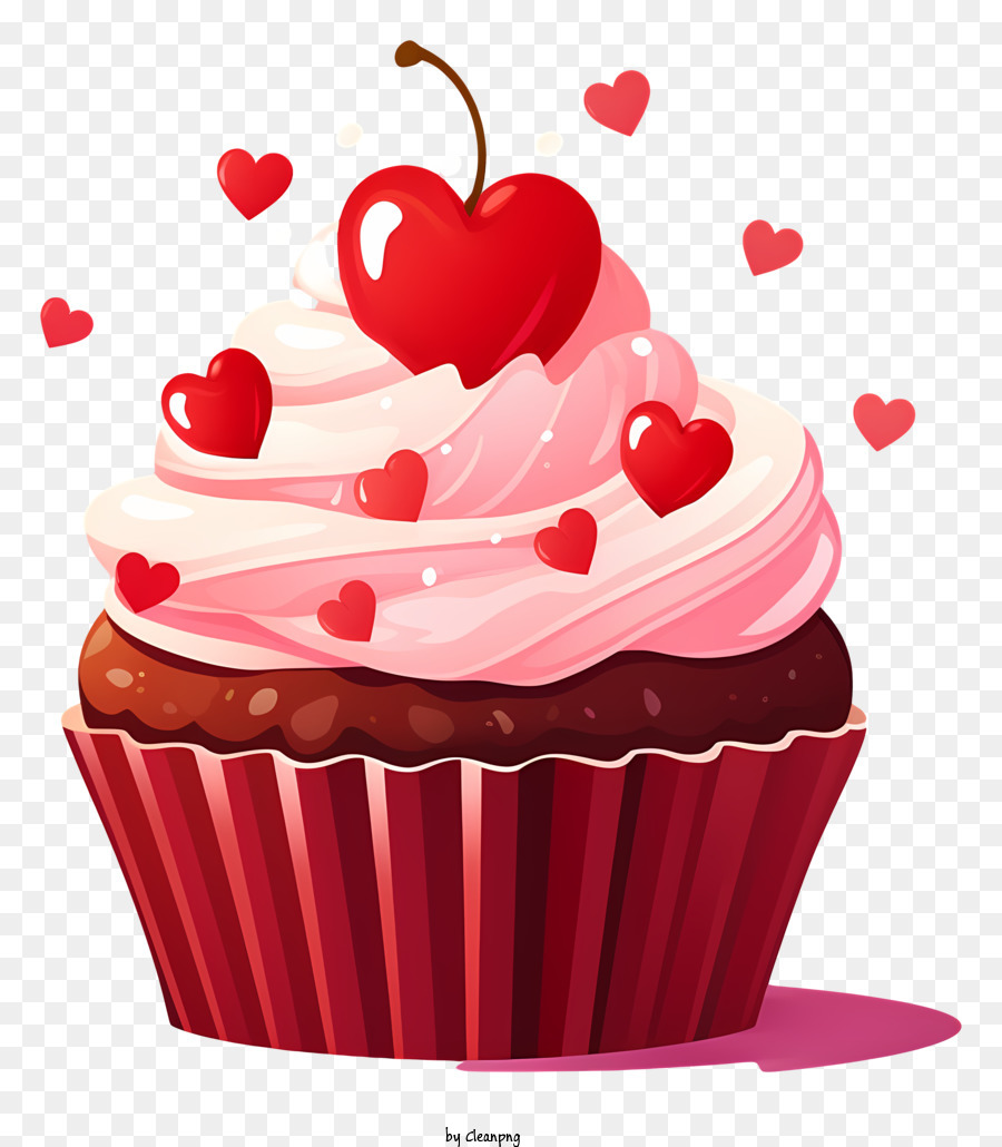 Streusel - Red Cupcake mit Schokoladenberg und Streusel, gekrönt mit Kirsche und rosa Herzen, auf einem weißen Teller mit schwarzem Hintergrund