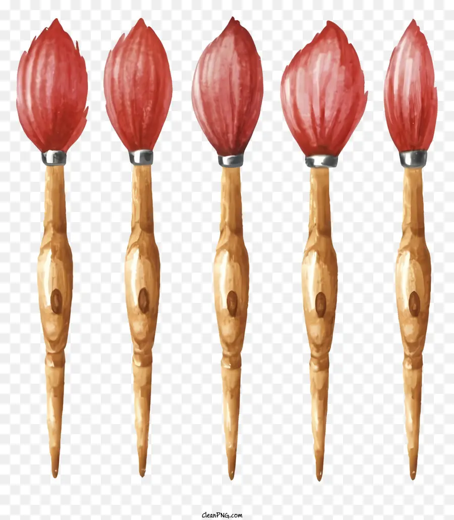 Panntretti rossi cartoni animati a versanti in legno spazzole per pennellata Pesta pennello Disposizione del pennello stilizzato - Cinque pennelli rossi con manici di legno