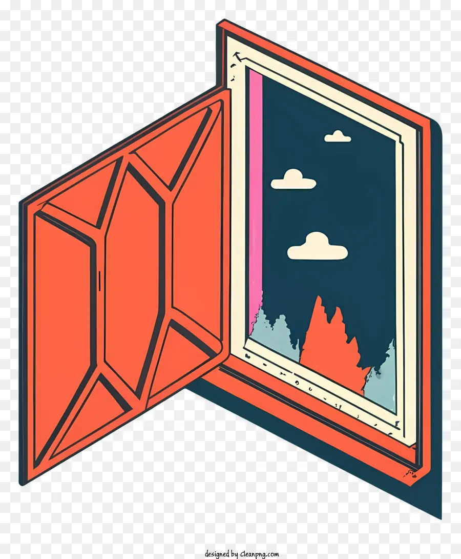 Cartoon Fenster Illustration Forest View Mountain Szenerie Orange Farbschema - Illustration des offenen Fensters mit Waldansicht