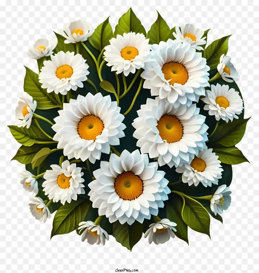weiße Blume - Weiße Blume mit Gänseblümchen, grüne Blätter auf Schwarz