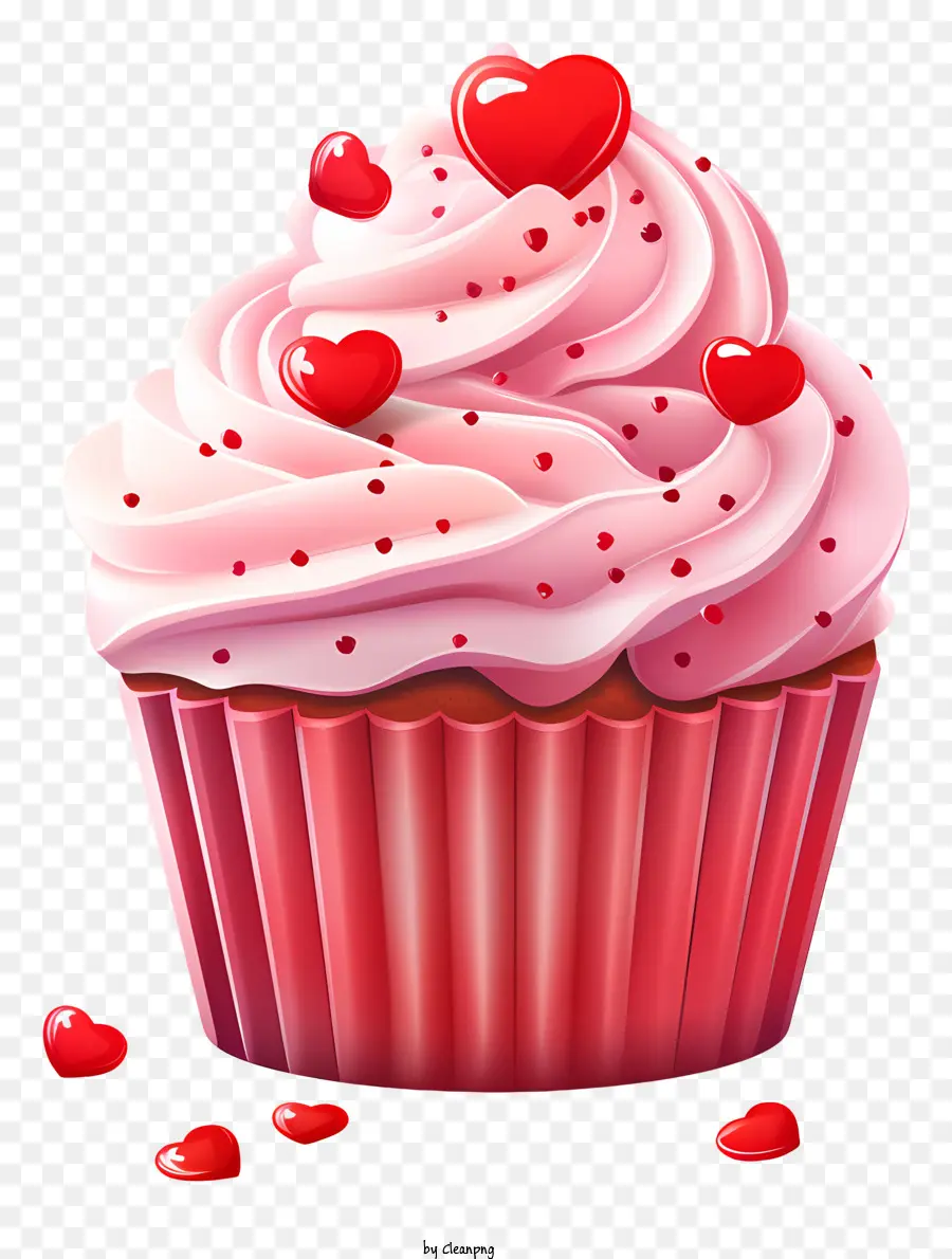 Ngày Valentine - Cupcake màu hồng với kem phủ kem, trái tim đỏ, nền đen