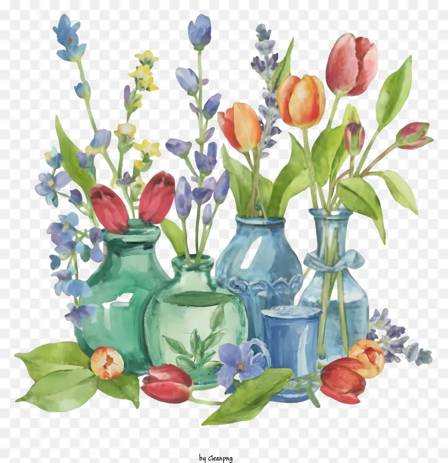 Cartoon Aquarellmalerei Vasen Blumen Tulpen - Aquarellmalerei von Vasen mit Blumen auf schwarzem Hintergrund