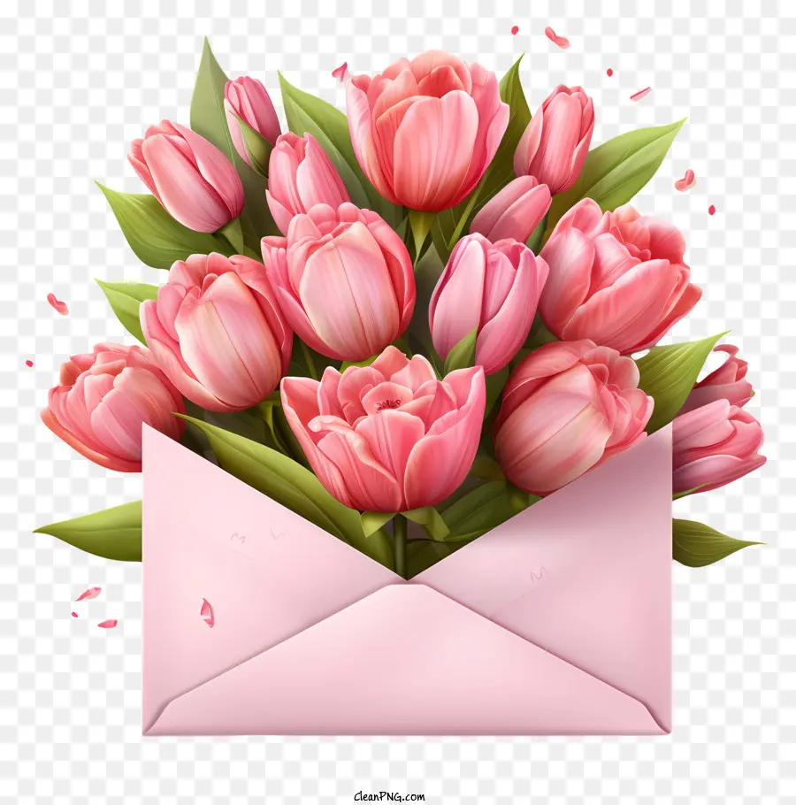 fallende Blütenblätter - Pink Tulpen im kaskadierenden Blumenstrauß mit Umschlag