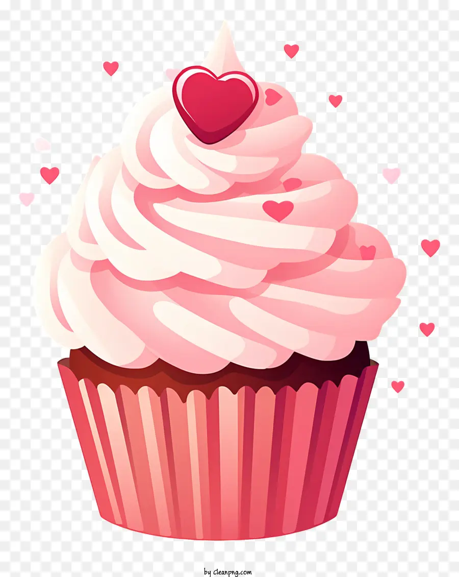 Spruzza - Cupcake rosa con glassa bianca, spruzzi rosa, cuori, sullo sfondo nero